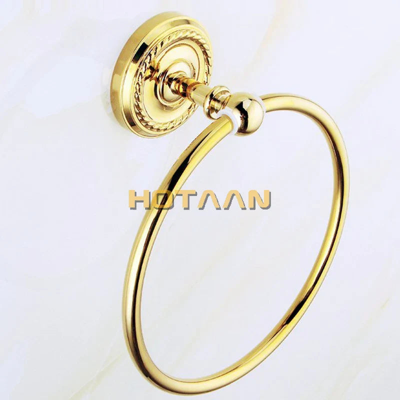 Afralia™ Gold Brass Bathroom Accessories Set: Robe Hook, Paper Holder, Towel Bar, Towel Ring