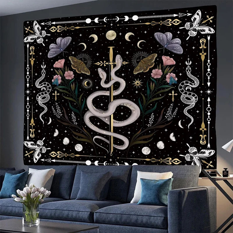 Afralia™ Snake Moon Phase Stars Butterfly Night Psychedelic Mystery Tapestry