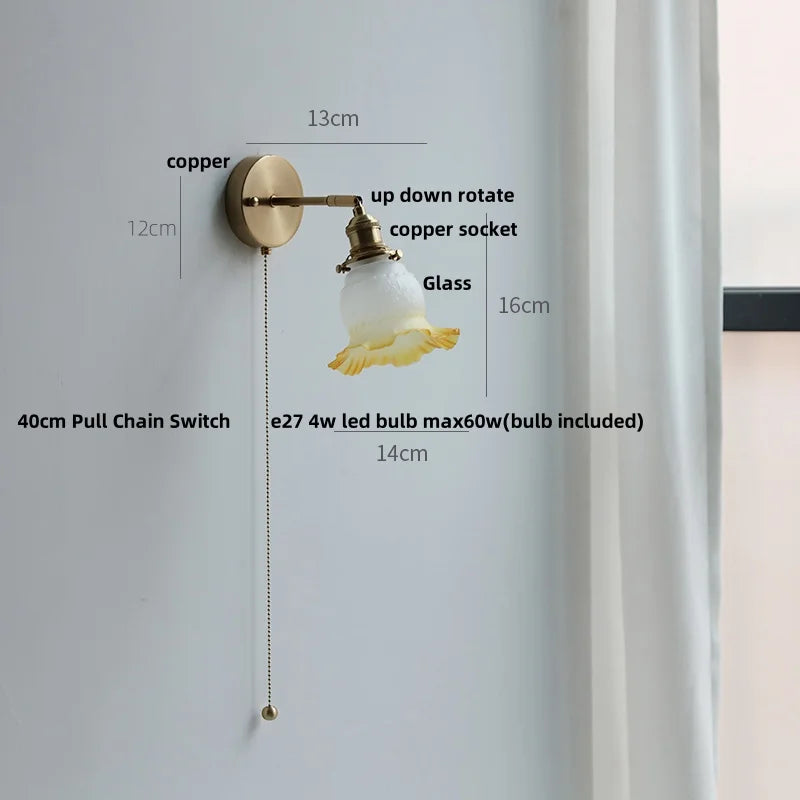 Afralia™ Nordic Modern LED Wall Lights Glass Bedside Lamp Brass Pull Chain Switch