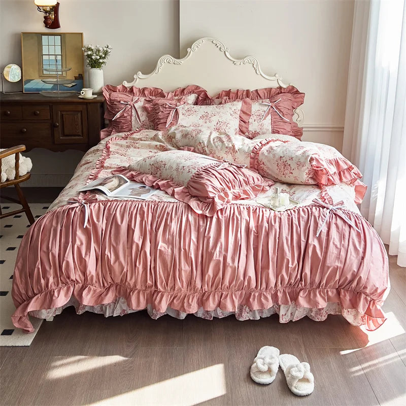 Afralia™ French Vintage Flowers Cotton Bedding Set with Lace Ruffles & Pleats