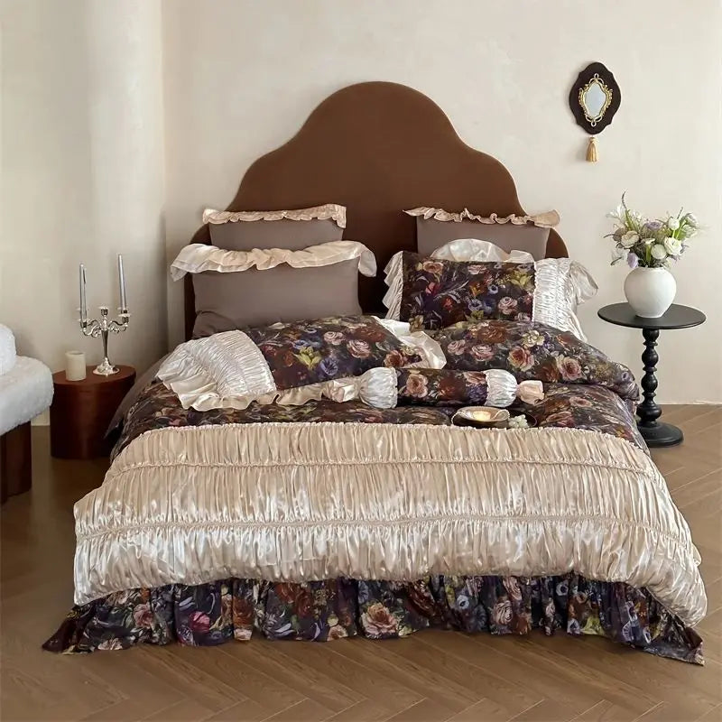 Afralia™ Vintage French Flowers Lace Ruffles Egyptian Cotton Bedding Set