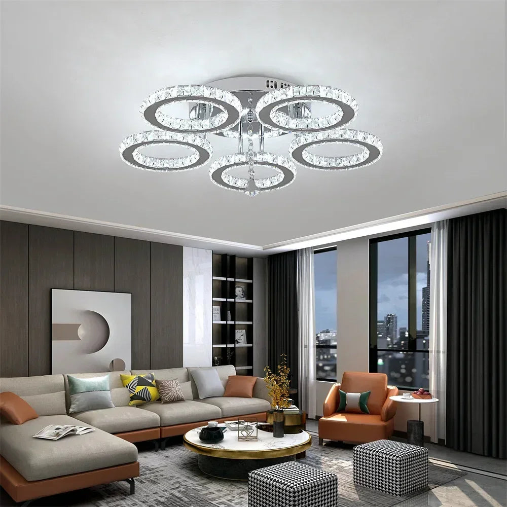 Afralia™ Rings Crystal Chandelier - Dimmable Ceiling Light Fixture for Bedroom & Living Room