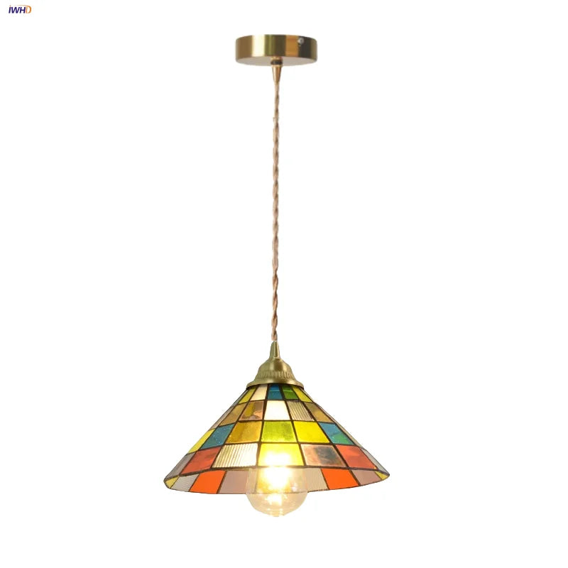 Afralia™ Colorful Glass Magic Cube LED Pendant Lights Tiffany Style Wood Hang Lamp