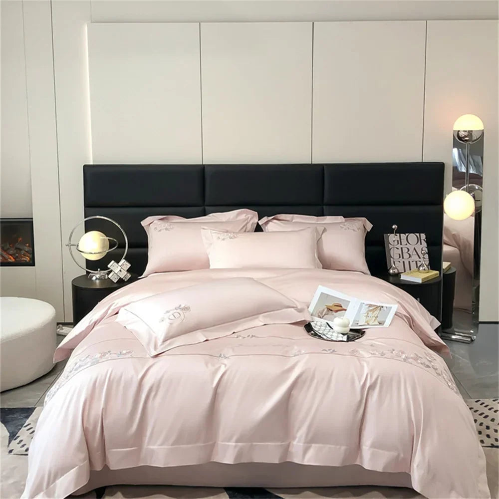 Afralia™ Pale Mauve Flowers Embroidery 1000TC Egyptian Cotton Bedding Set - Queen King Size