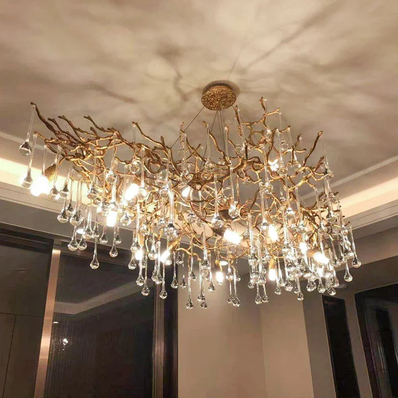 Afralia™ LED Branch Crystal Chandelier Copper Suspension Lights Luxe Ceiling Pendant