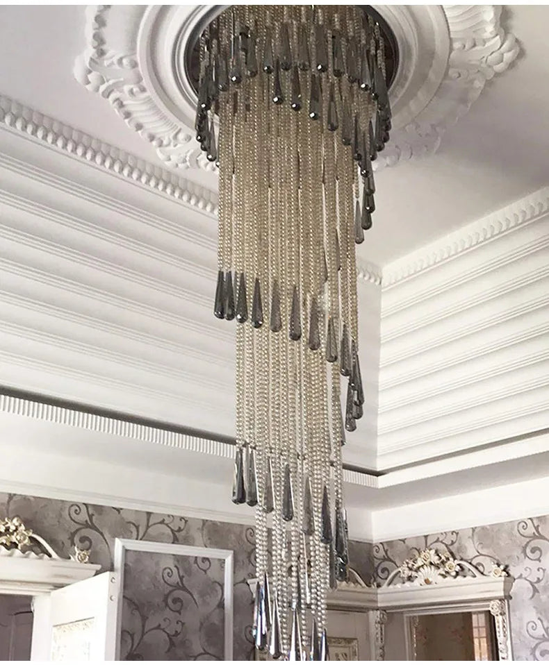 Afralia™ Smoky Gray Crystal Chandelier: Modern Luxury Lighting for Stairway, Corridors, and Villas