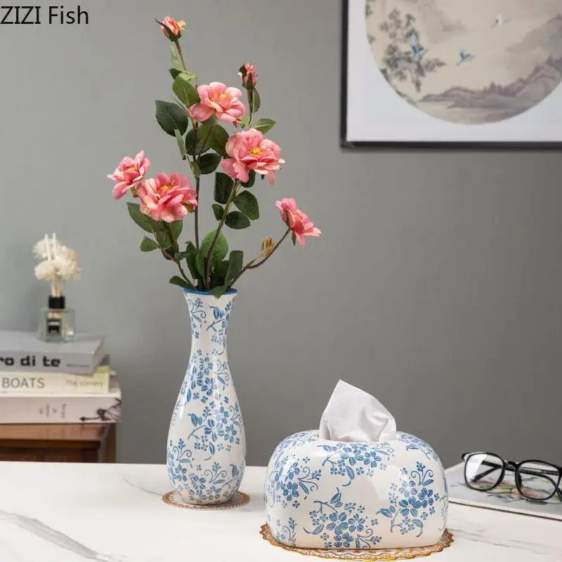 Blue and White Porcelain Tissue Box by Afralia™: Ceramic Desk Decor & Paper Towel Case
