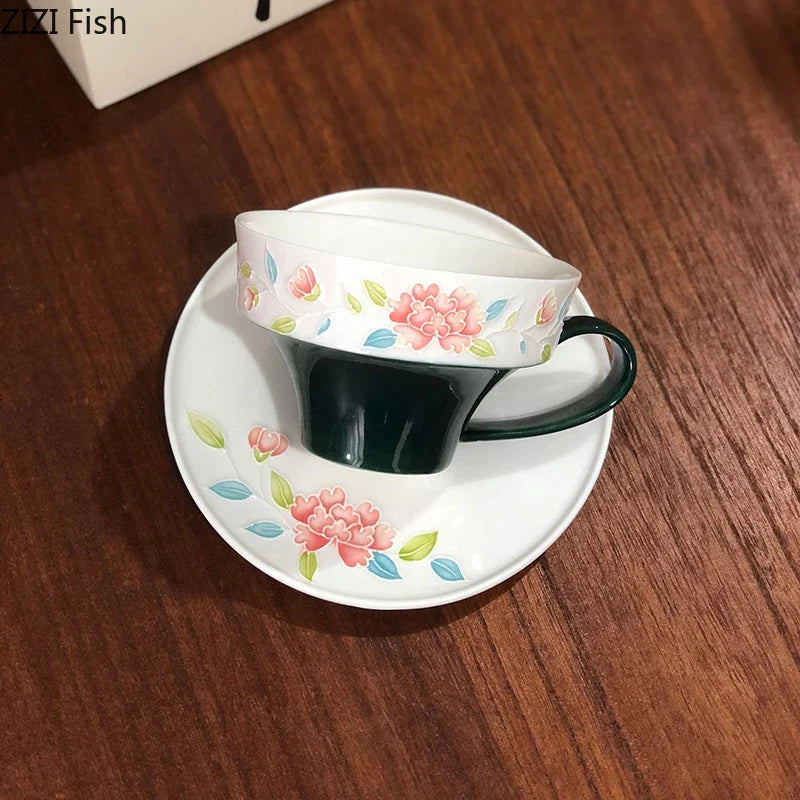 Afralia™ Peony Flower Ceramic Cup & Saucer Set for Dining Table and Coffee, Tea or Juice