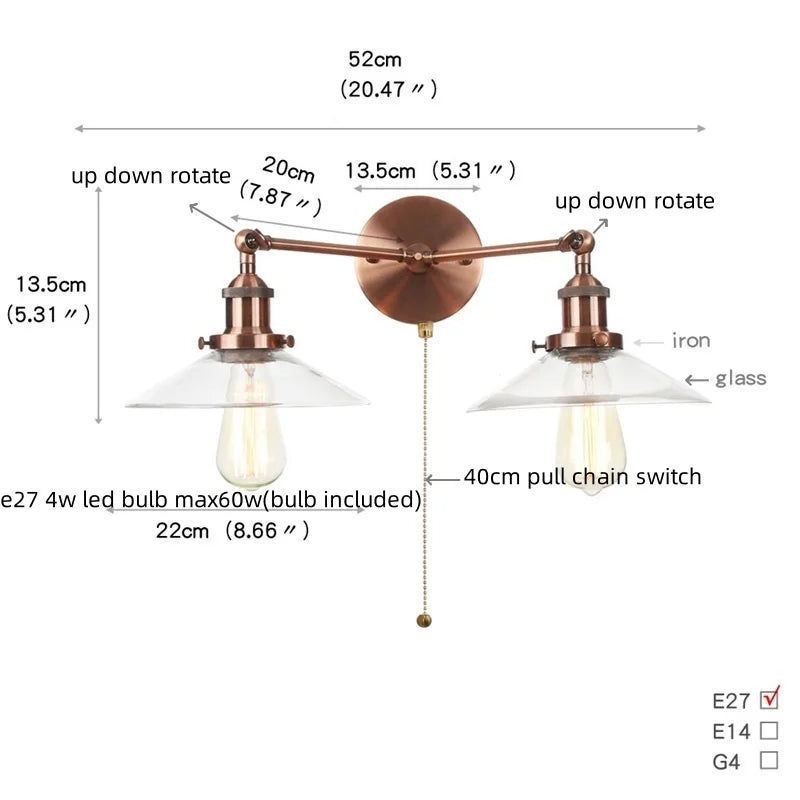Afralia™ Vintage 2-Head Clear Glass Wall Lamp