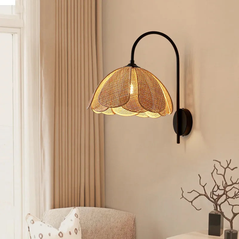 Afralia™ Rattan Weave Wall Lamp: Korean Style, Bedroom & Reading Lighting (Black Metal)