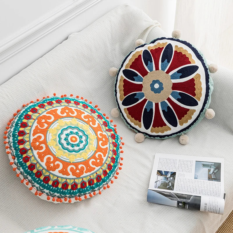 Afralia™ Round Embroidered Tassel Pillow Cover | Boho National Style Decorative Cushion Case