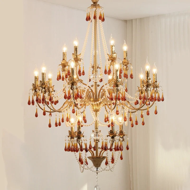 Afralia™ Luxury Red Crystal Candle Chandelier LED Pendant Light - Copper E14 Glamourizing Luminarias