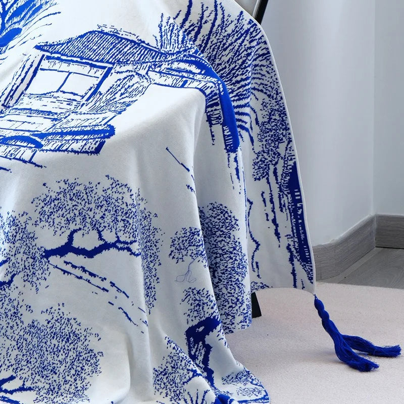 Afralia™ Blue Knitted Sofa Blanket for All Seasons at Home