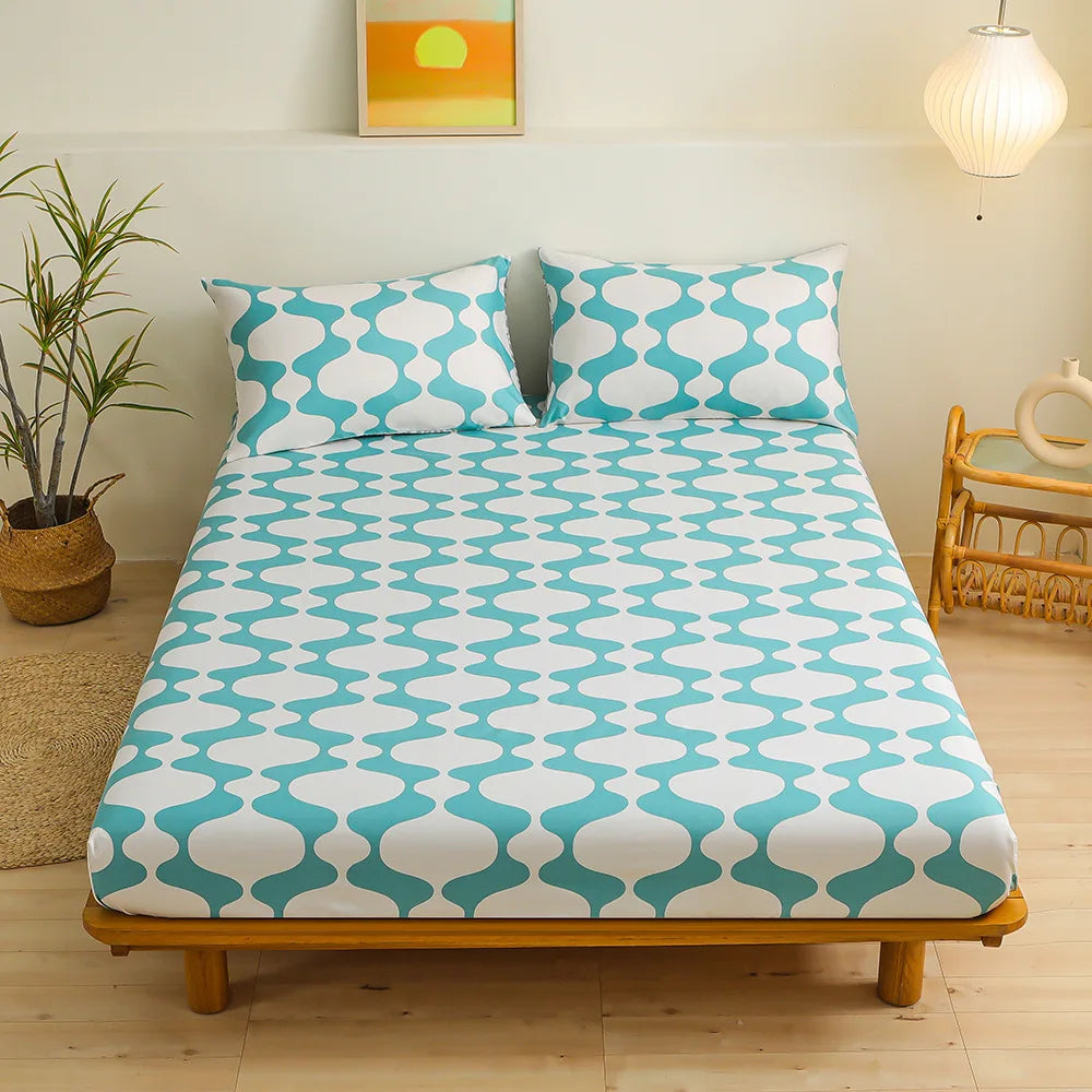 Afralia™ Green Leaf Flower Fitted Sheet Set with 2 Pillowcases for All Seasons