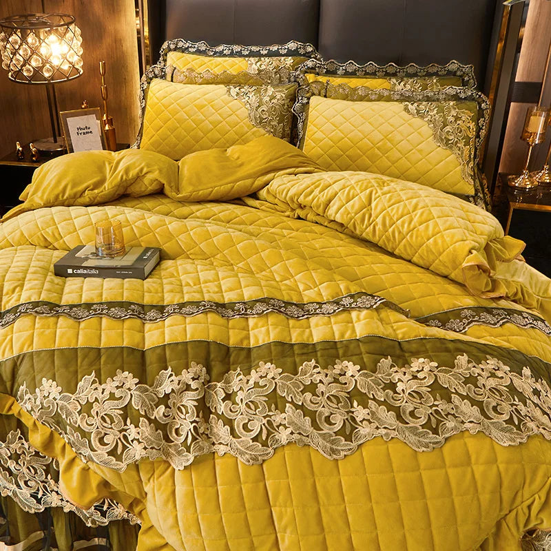 Afralia™ Black Gold Luxury Crystal Velvet Bedding Set with Quilted Embroidery & Ruffles