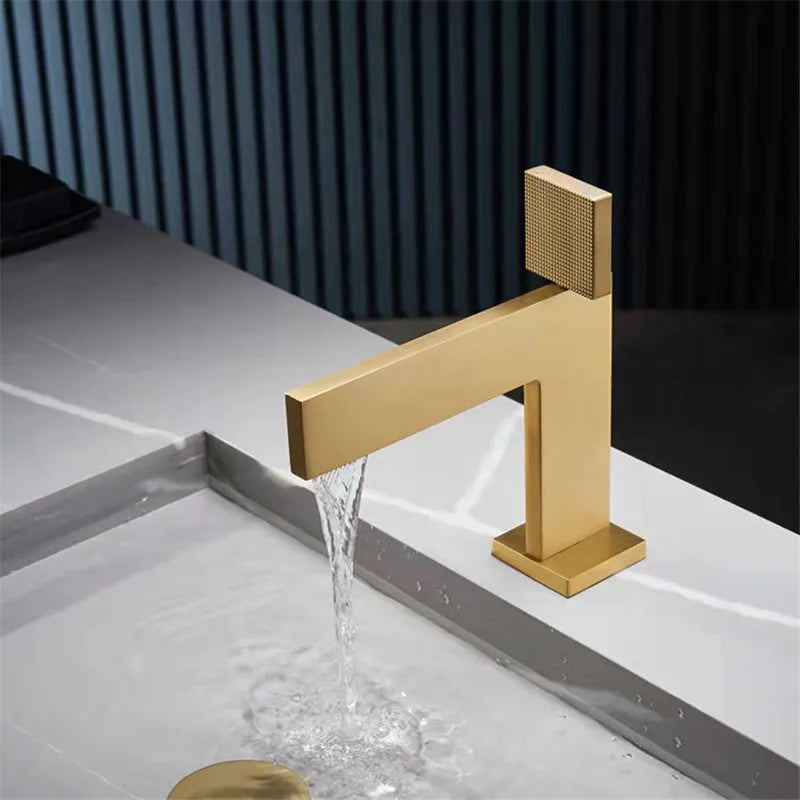 Afralia™ Brushed Gold Brass Bathroom Basin Faucet Single Handle Cold Hot Water Sink Tap