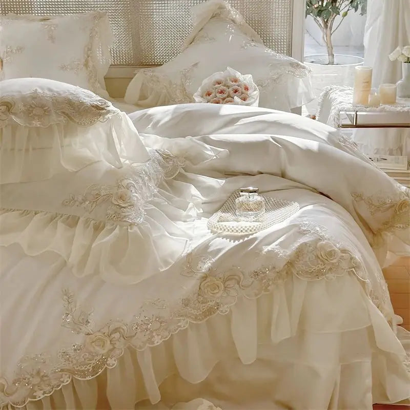 Lace Bed Ruffle Luxury Lace Ruffle Wedding Bedding Set by Afralia™