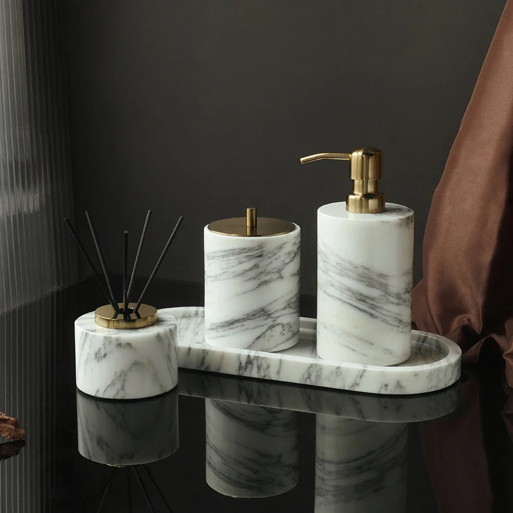 Afralia™ Marble Bathroom Set Soap Dispenser Cotton Swabs Jar Tray Accessories