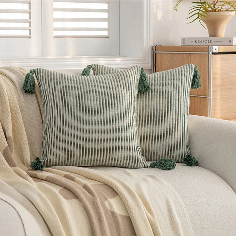 Afralia™ Green Coffee Geometric Tuft Tassel Cushion Cover - Modern Minimalist Embroidered Pillowcase