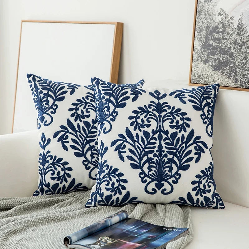 Afralia™ Navy Blue/White Geometric Floral Embroidered Cotton Cushion Cover 45x45cm