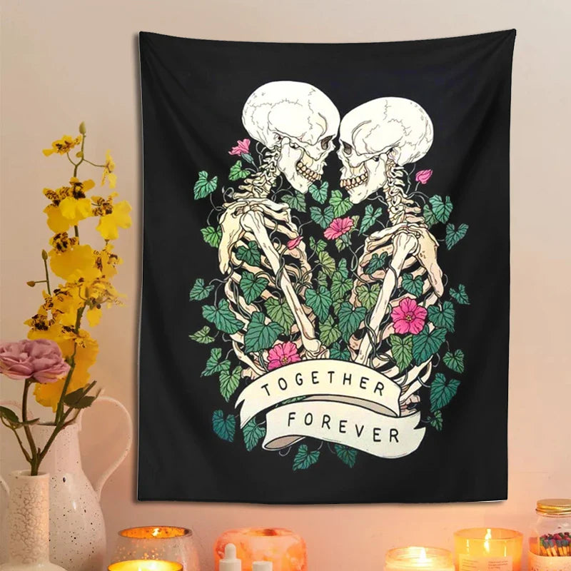 Afralia™ Lover Skeleton Tapestry Wall Hanging With Rose Flower Psychedelic Boho Blanket