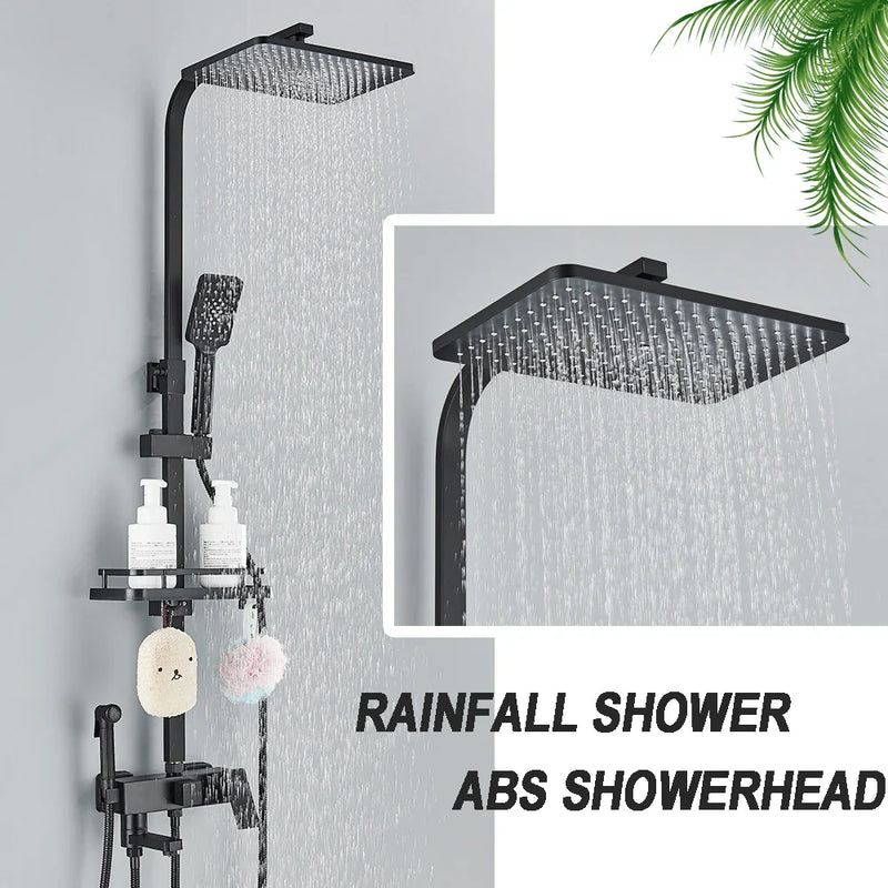 Afralia™ Black Brass Shower Faucet Set Rainfall Bathtub Tap With Bathroom Shelf