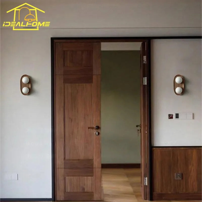 Afralia™ Round Glass LED Wall Lamp Double Head Solid Wood Minimalist Designer
