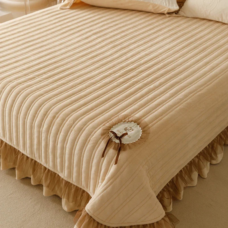 Afralia™ Velvet Lace Ruffles Quilted Bedding Set with Pillowcases