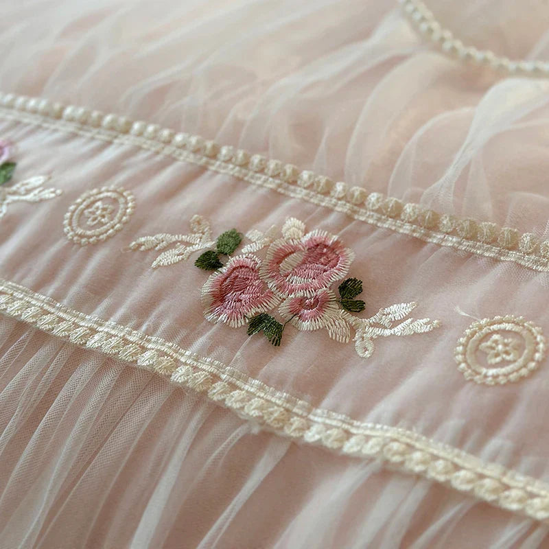 Afralia™ Pink Velvet Fleece Bedding Set with Flowers Embroidery & Lace Pleat