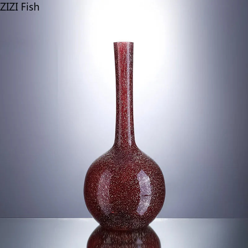 Afralia™ Gilded Red Glass Vase with Artificial Flowers - Modern Desk Decor