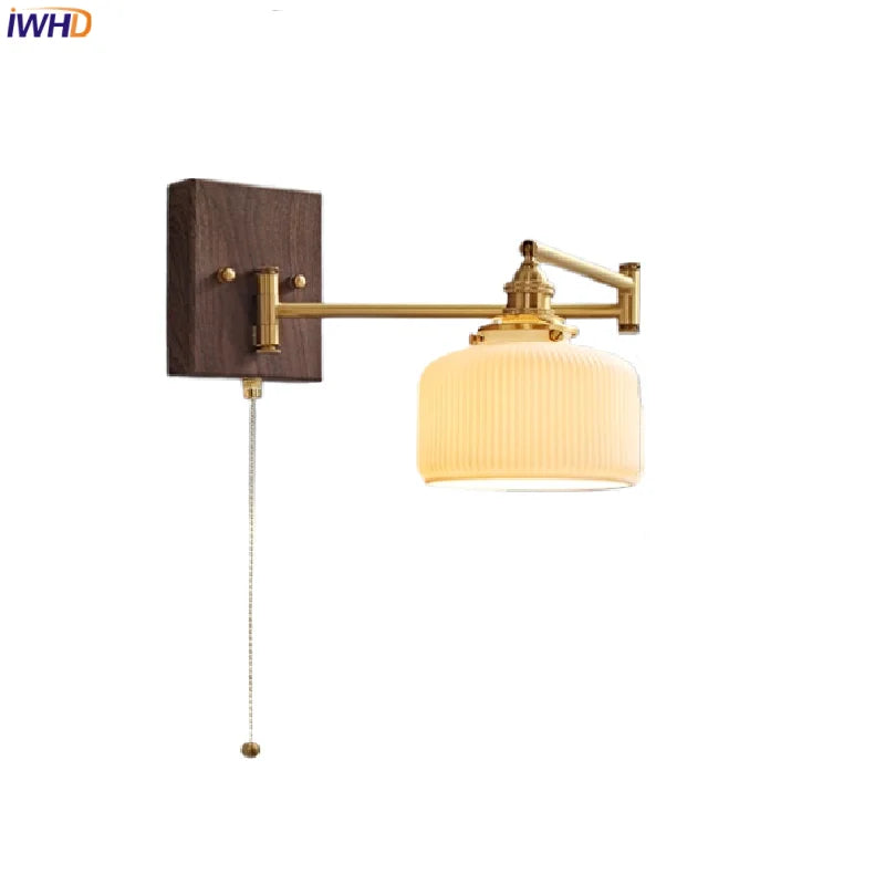 Afralia™ Wood Swing Arm LED Wall Lamp with Rotatable Shade & Pull Chain Switch