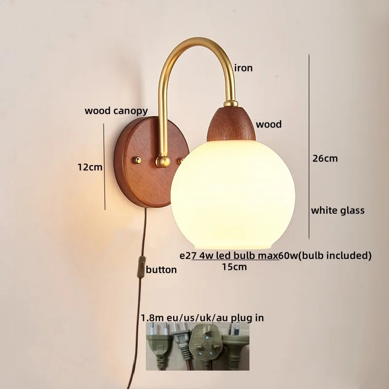 Afralia™ Wood Glass LED Wall Light Modern Bedside Lamp for Living Room & Bedroom