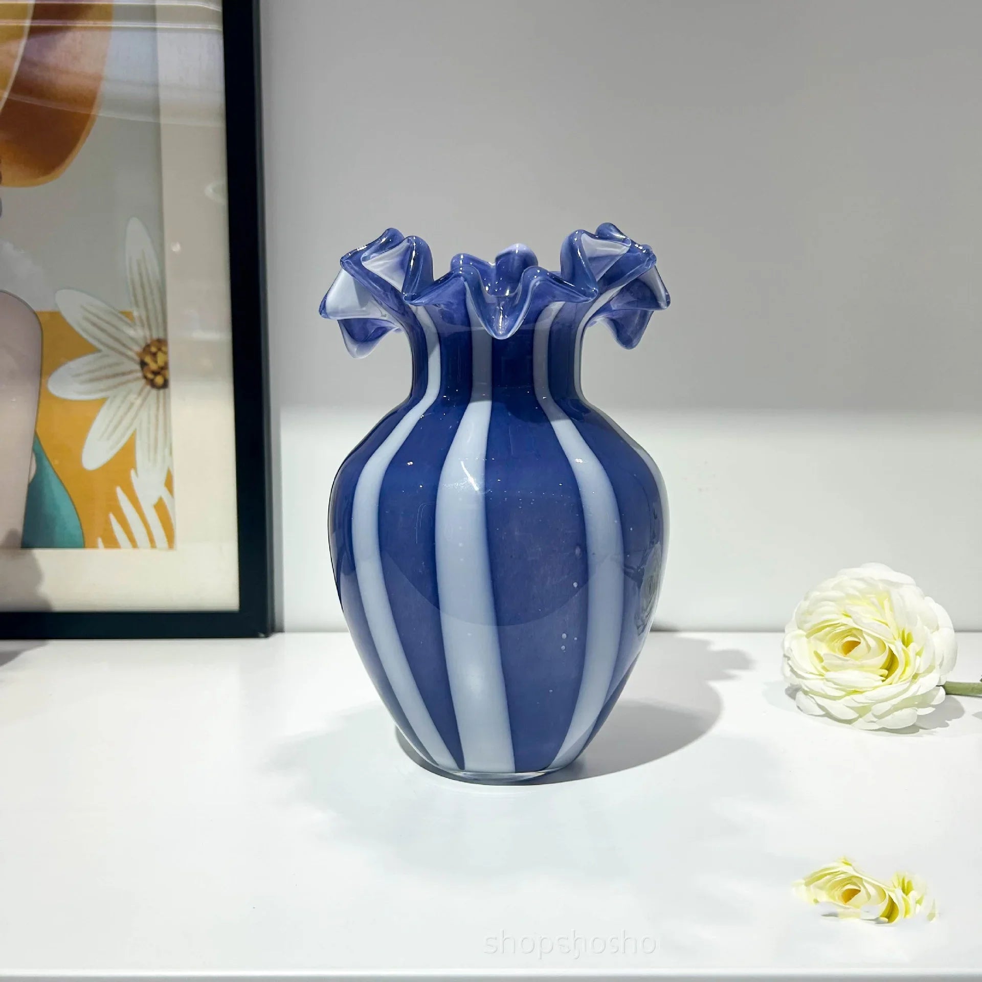 Afralia™ Striped Glass Vase Wavy Edge Flower Pot Terrarium Room Decoration