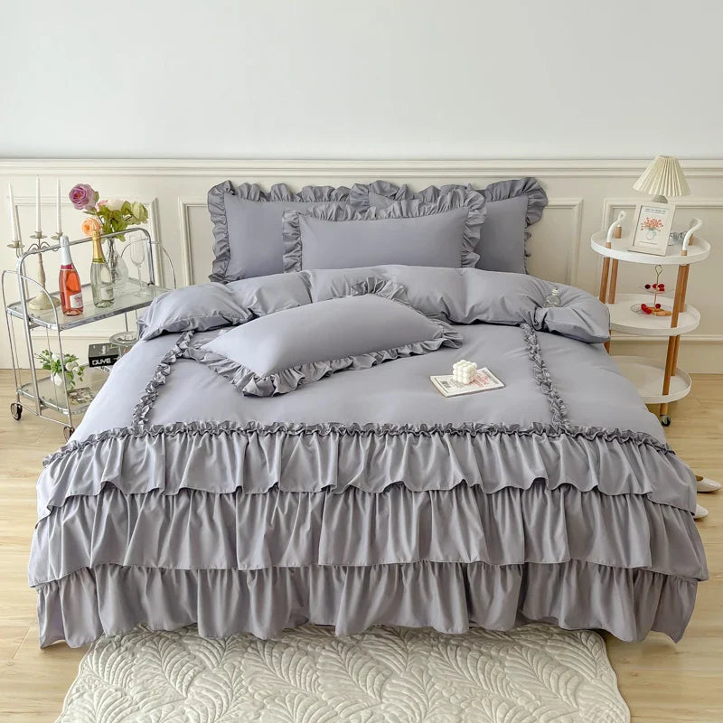 Afralia™ Lace Ruffle Princess Bedding Set with Bed Skirt & Pillowcases