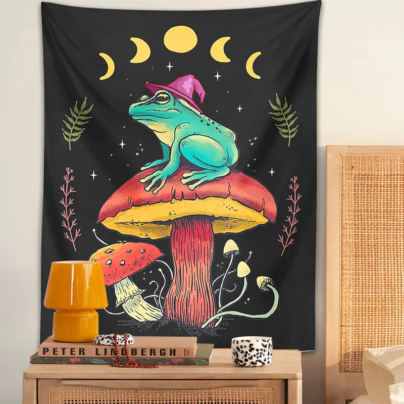 Afralia™ Frog on Mushroom Tapestry Wall Hanging: Aesthetic, Magic, Wizard, Cottagecore, Boho, Hippie, Moon Phase