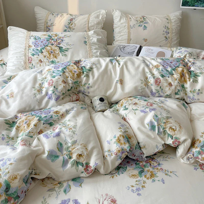 Afralia™ Korean Princess Flowers Bedding Set - Duvet Cover, Bed Skirt, Pillowcases