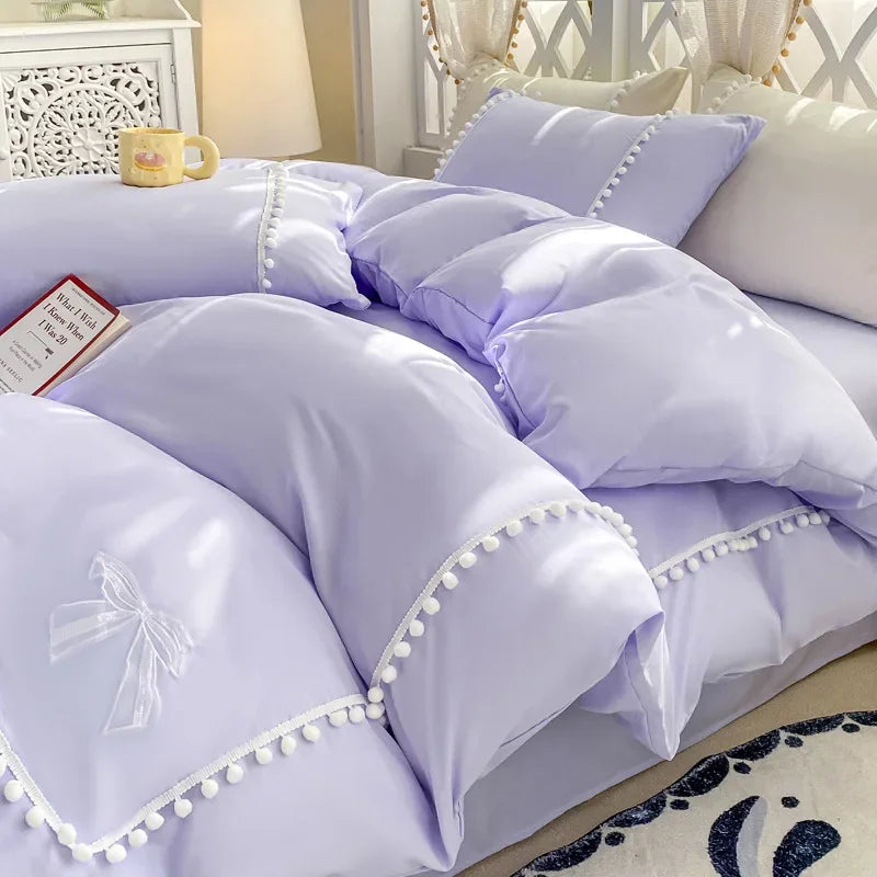 Afralia™ Pearl Lace Bowknot Princess Bedding Sets for Girl Woman Bedroom