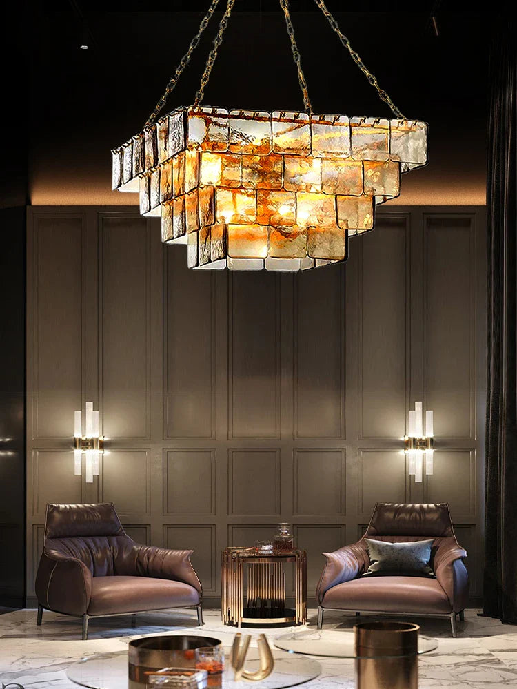 Afralia™ Gold Glass Square Chandelier - Light luxury Living Room Ceiling Fixture