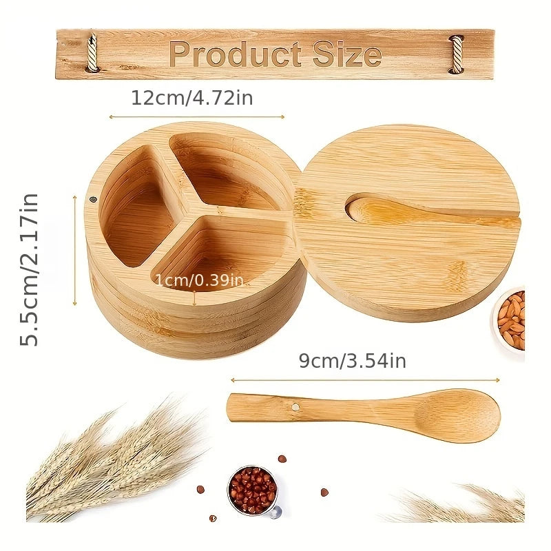 Afralia™ Bamboo Seasoning Box with Spoon - Rotating Cover Spice Container