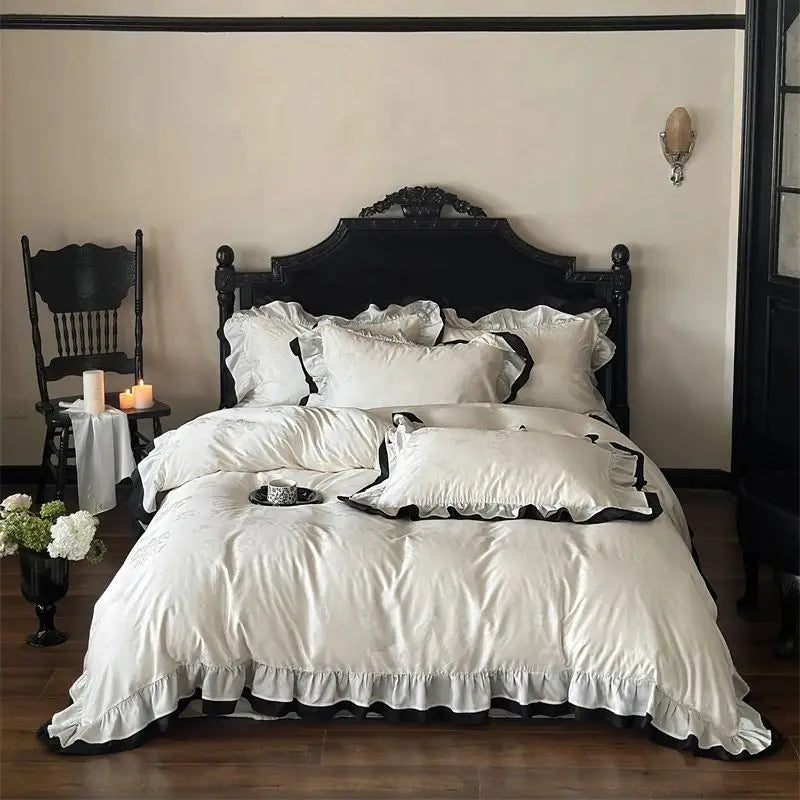 Afralia™ Vintage French Ruffles Black Edge Rose Jacquard Bedding Set & Sheet Set