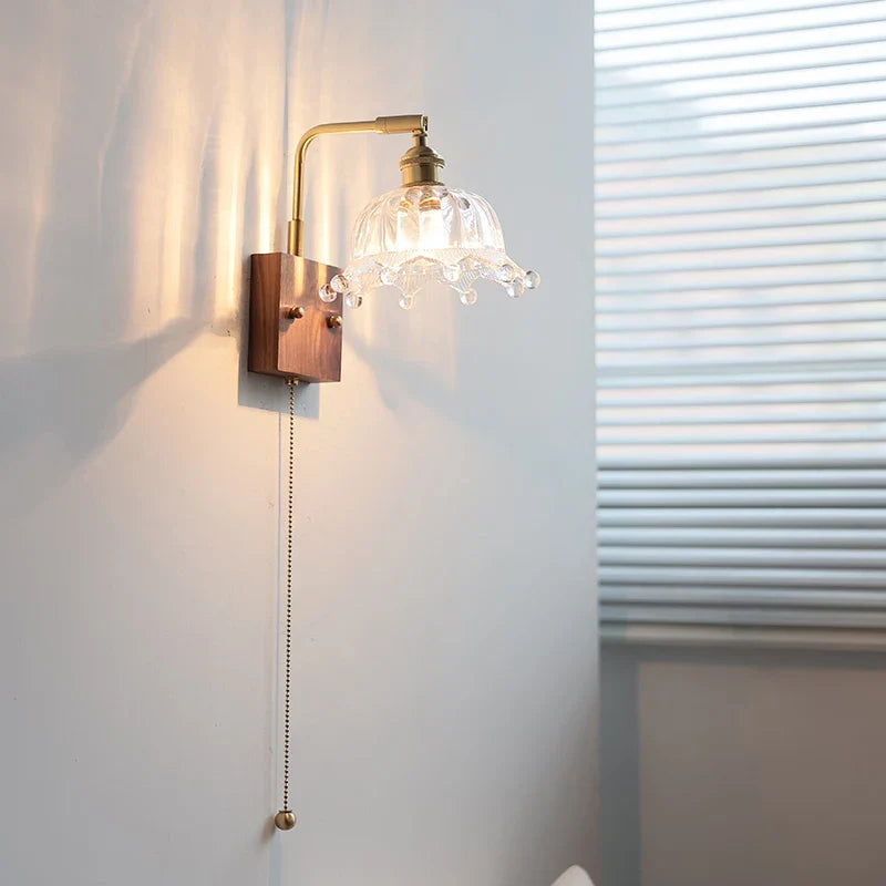 Afralia™ Walnut Glass LED Wall Light: Modern Brass Rotatable Bedside Lamp