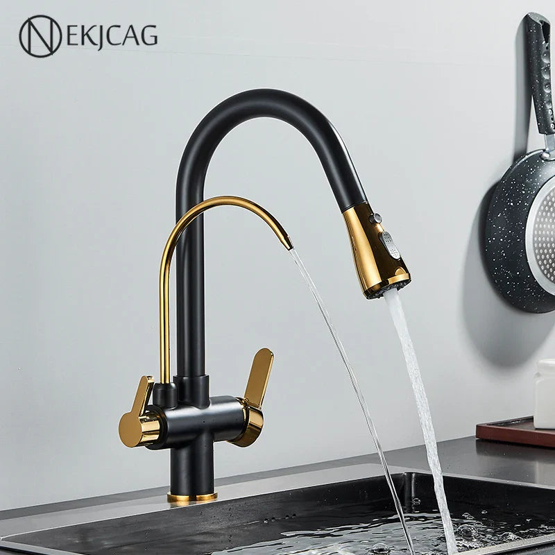 Afralia™ Gourmet Pull Out Black Gold Kitchen Faucet with Sprayer Mixer Swivel Sink Tap