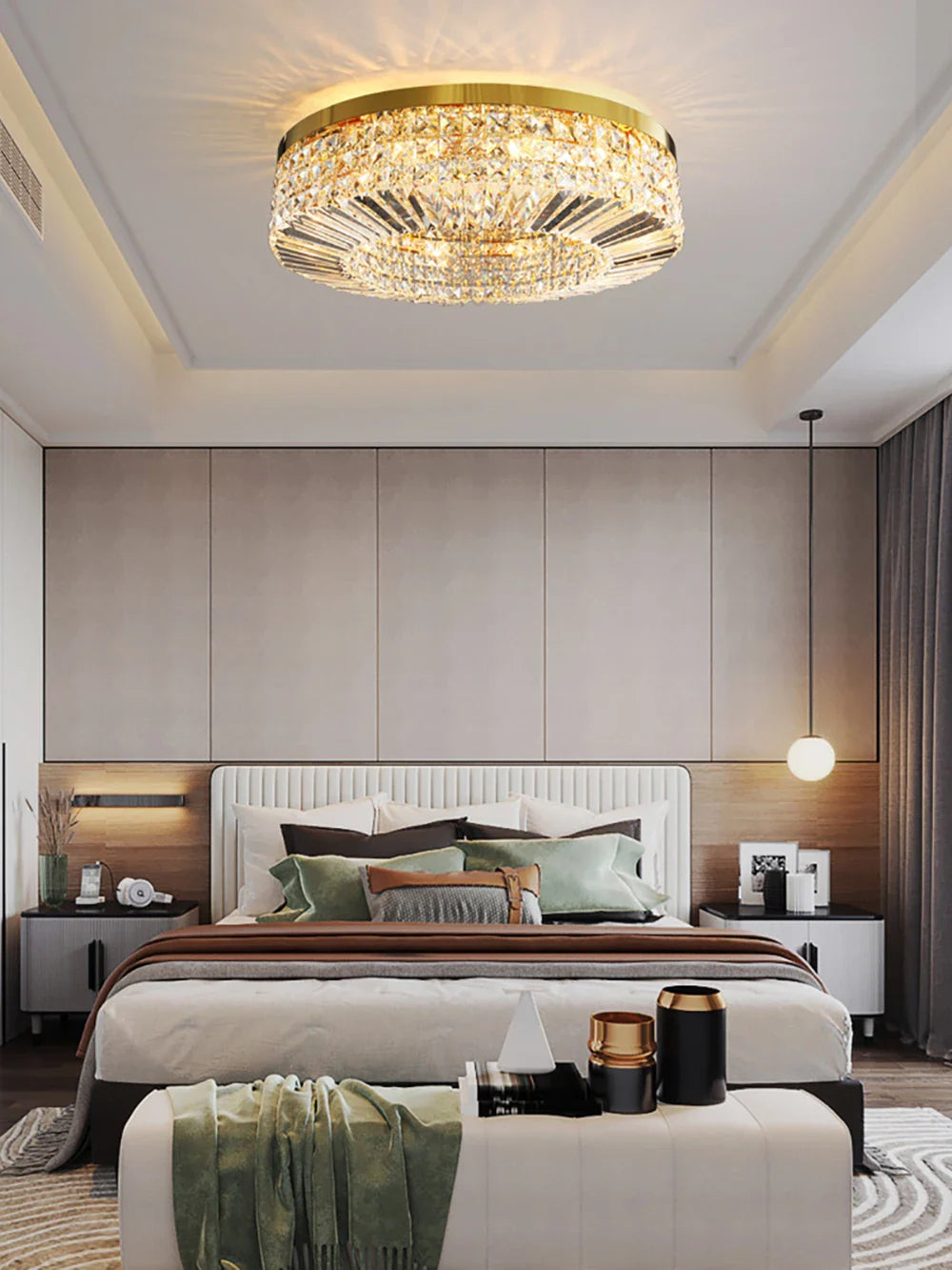 Afralia™ Round LED Crystal Chandelier Gold/Silver Luxe Ceiling Light Fixture for Bedroom