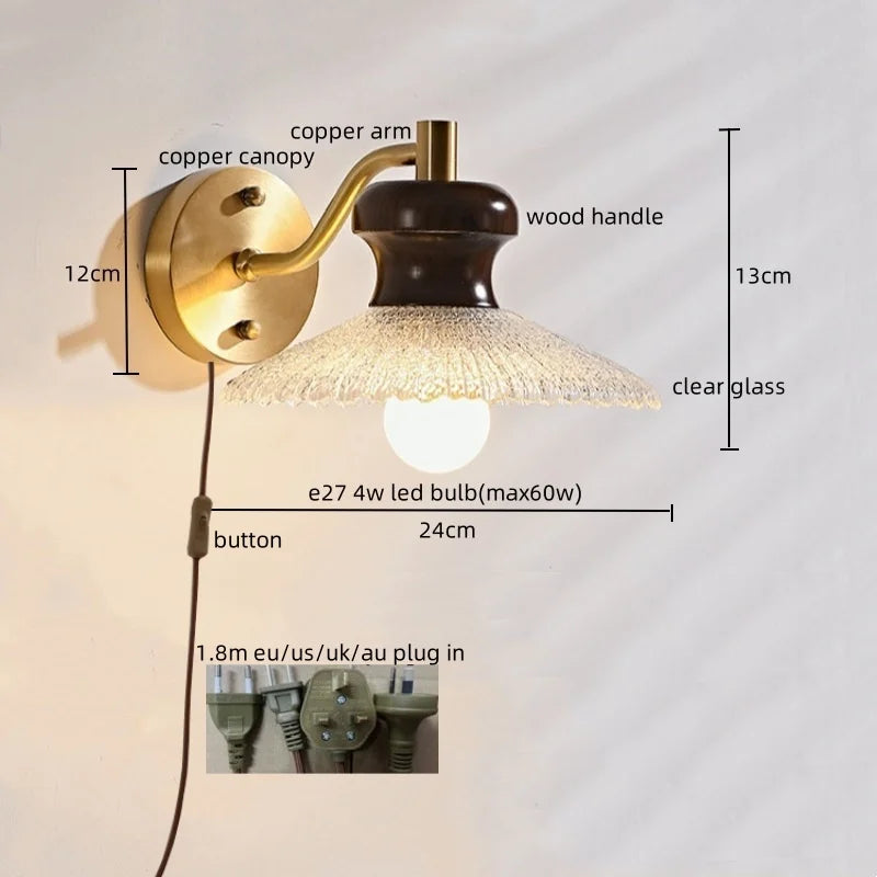 Afralia™ Wood Handled Copper Arm LED Wall Light - Vintage Bedside Lamp