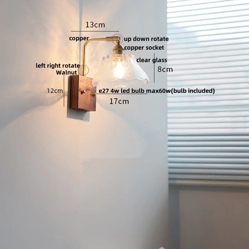 Afralia™ Walnut Glass LED Wall Light: Modern Brass Rotatable Bedside Lamp