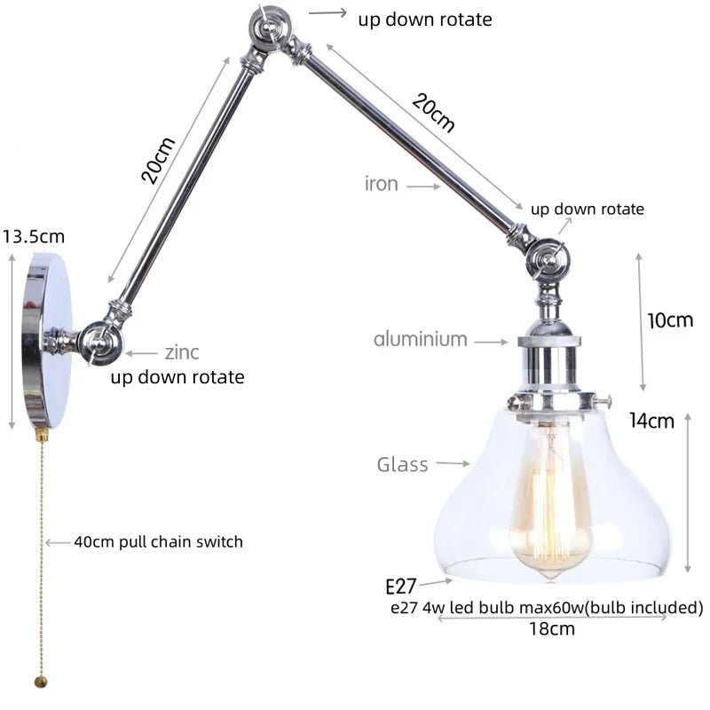 Afralia™ Vintage Loft LED Wall Lights Pull Chain Switch Chrome Clear Glass Fixtures