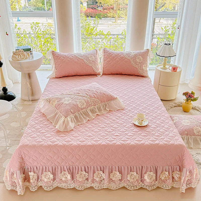 Afralia™ Pink Cotton Quilted Bedspread Set with Lace Edge and Pillowcases