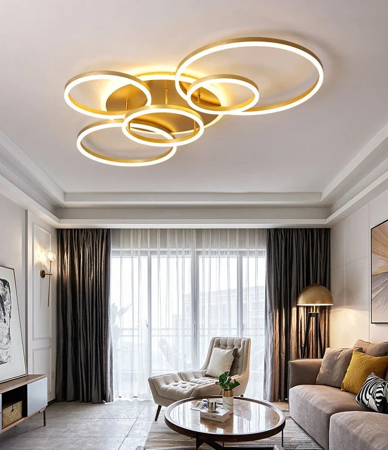 Afralia™ Brushed Golden LED Ceiling Chandelier for Modern Living Room and Bedroom Lighting