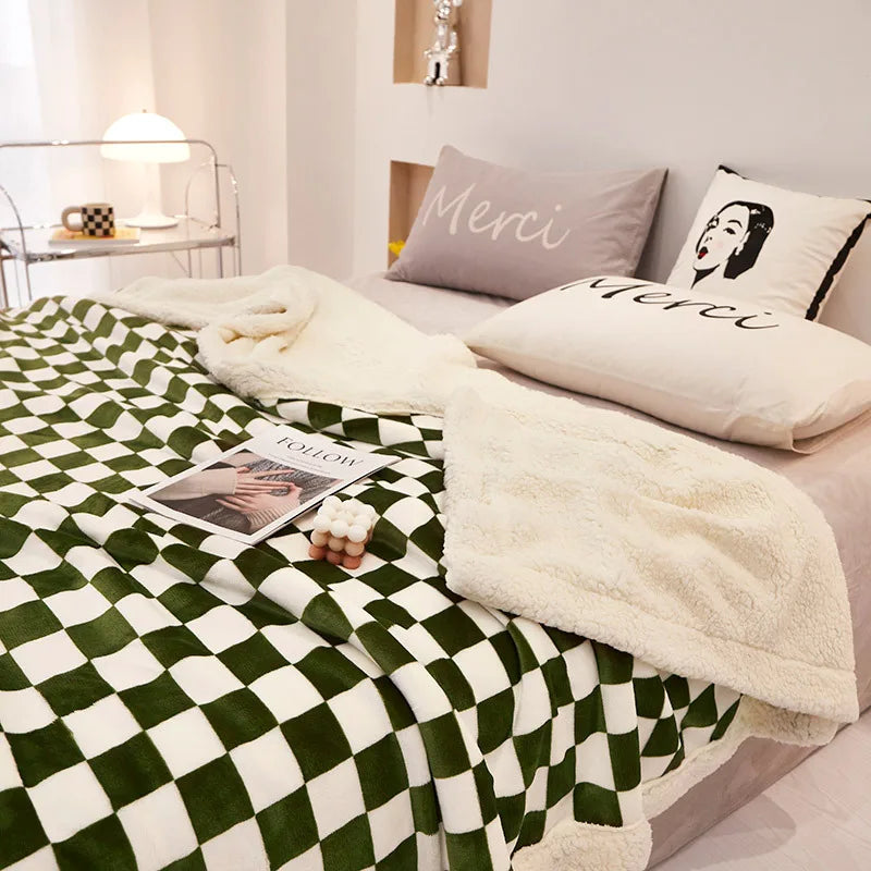 Afralia™ Double Layer Lamb Wool Checkered Blanket - Nordic Style Warm Bedspread