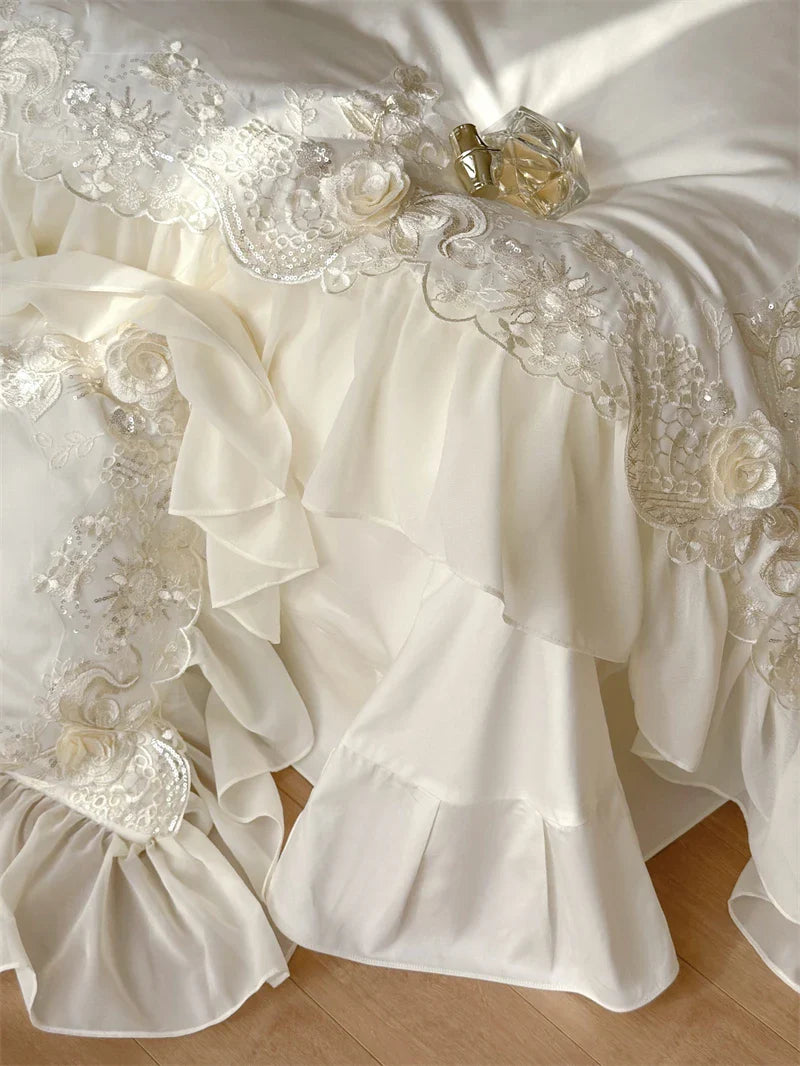 Luxury Lace Ruffle Wedding Bedding Set by Afralia™